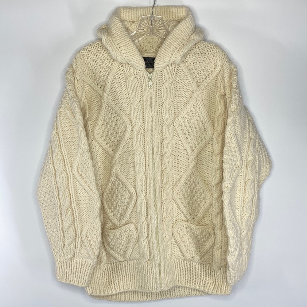 Otavalo Cream Wool Hand Made In Ecuador Chunky Knit Full Zip Hooded Sweater